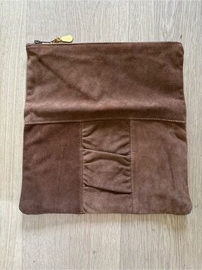 Suede Fold-Over Clutch Handbag, Genuine Leather, Italy, Brown, Gold-Tone, Fall